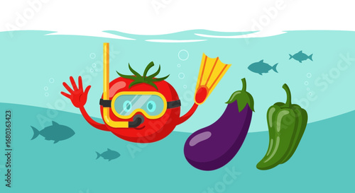 Underwater Tomato Adventures With Vegetables and Fish In A Sunny Sea Illustration