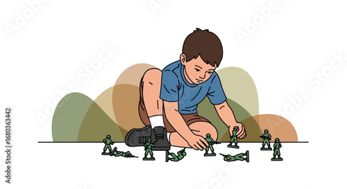 A Young Boy Playing with Toy Soldiers, Depicting Childhood and Imaginative Play
