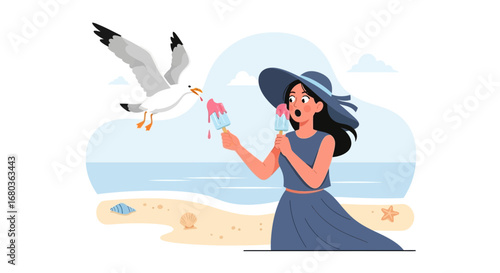 Unexpected Snack Theft: Gull Steals Ice Cream from Beachgoer, Summer Fun Cartoon