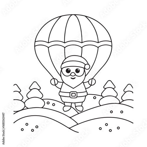 Cute Santa Claus character descending with a parachute over a snowy landscape with trees christmas