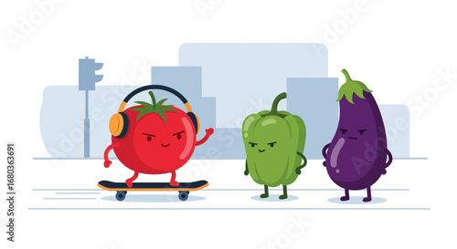 Urban Vegetable Crew: A Cheerful Tomato Skateboarder with Observant Pepper and Eggplant