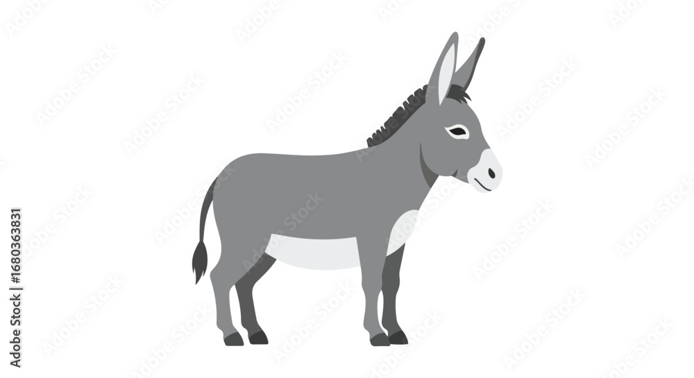 Obraz premium Stylized gray donkey stands sideways against a plain white background in simplistic cartoon vector illustration style
