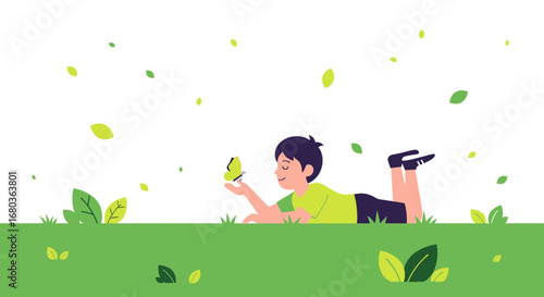 A Young Boy Relaxes In A Meadow, Adoring A Butterfly On His Hand