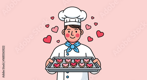 Valentines Day Chef Holding a Tray Full of Heart Shaped Cookies