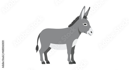 Stylized gray donkey stands sideways against a plain white background in simplistic cartoon vector illustration style