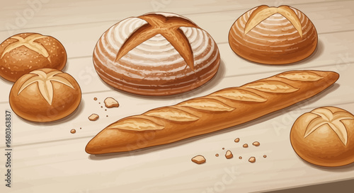 Various Freshly Baked Bread Loaves and Baguettes Displayed on Rustic Wooden Table