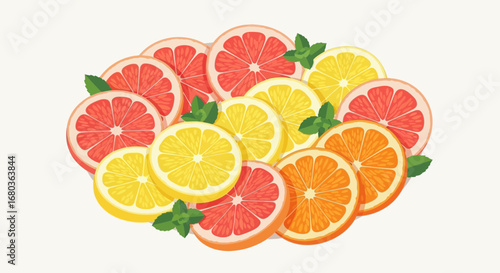 Variety Of Citrus Fruits Slices Arranged With Mint Leaves Isolated On White Background