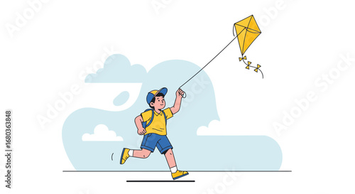 A young boy running with a kite in the sky on a sunny day, having a good time