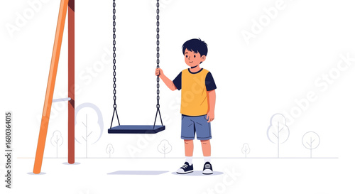 A young boy standing next to a swing set in a park during the daytime.
