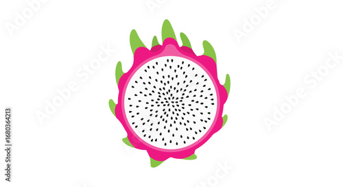 Vibrant Dragon Fruit Cut Illustration, Displaying its Distinctive Pink Skin and Black Seeded White Flesh Against a Plain Backdrop