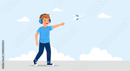 A young boy with headphones throwing a paper airplane in a clear sky illustration