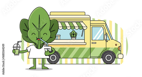 Vegetable Character Enjoying Juice, Beside a Food Truck: A Healthy Culinary Adventure
