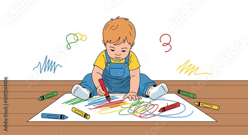 A young child coloring with crayons on a piece of paper while sitting on the floor