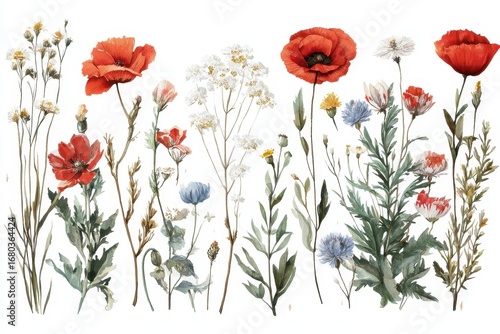 Boho Wild Herbs Illustration. Watercolor Collection of Meadow Wildflowers for Organic, Romantic Projects