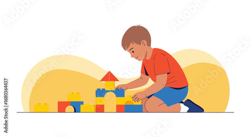A Young Child Constructing A Colorful Toy Structure Demonstrating Creativity and Focus