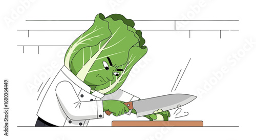 Vegetable Chef Slicing Vegetables With Kitchen Knife Cartoon Illustration