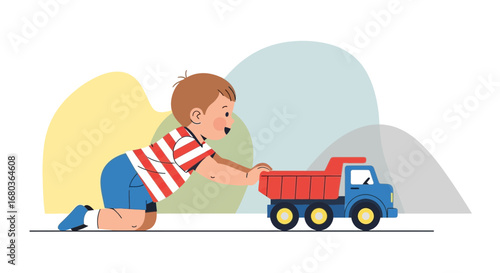 A young child happily playing with a toy truck, childhood and playtime concept