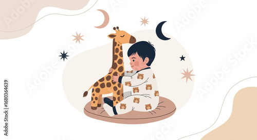 A Young Child Hugs a Giraffe Plush Toy Under A Crescent Moon And Stars