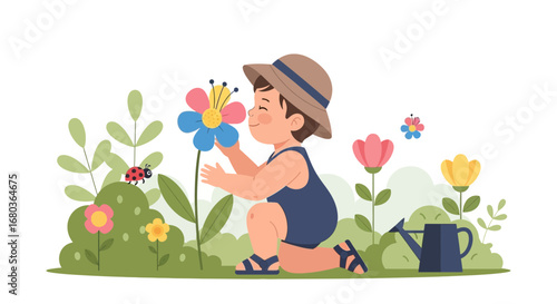 A young child in a garden smelling a beautiful flower, enjoying nature's beauty like a kid