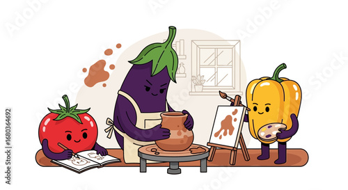 Vegetable Friends Engage in Creative Pursuits, Envisioning Artistic and Culinary Ventures
