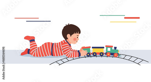A Young Child in Stripes Playing with a Toy Train Vector Illustration