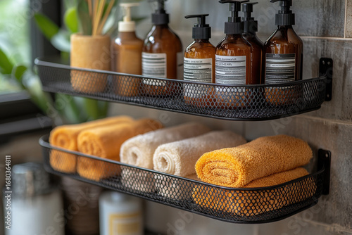 Towels and soaps neatly arranged on bathroom shelf.