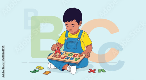 A young child learning with letters, educational illustration of alphabet, vector.