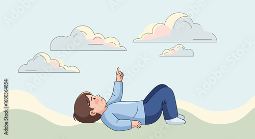 A young child looking up at the clouds, pointing, daydreaming, relaxing