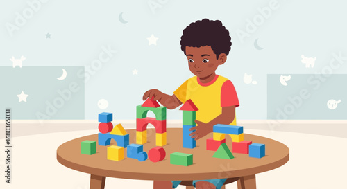 A Young Child Playing with Colorful Blocks on a Table in a Room