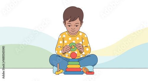 A young child playing with colorful stacking rings and focus on the activity