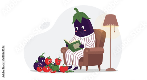 Vegetable Reading a Book in Pajamas Surrounded by Companions with a Lamp