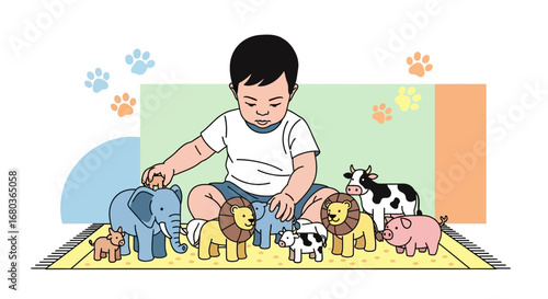 A Young Child Playing With Toy Animals, Having Fun, Learning About Wildlife