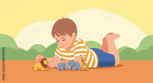 A young child playing with toy animal figurines on a mat in a park