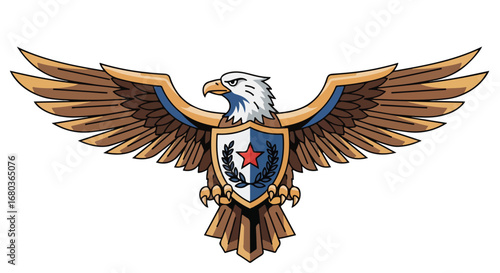 Illustrative depiction of an eagle emblem with shield, featuring a star and olive branch, set against a stark white backdrop. The emblem's wings are