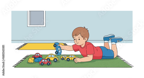 A Young Child Playing with Toy Cars on a Rug Indoor Illustration Drawing