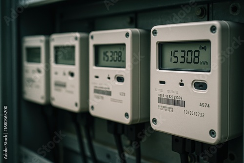 Digital electricity meters installed in a row display accurate energy consumption data, enhancing energy management and monitoring efficiency.