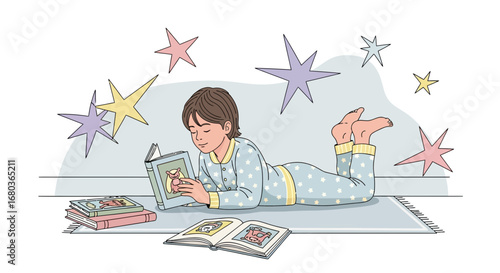 A young child reading a book in pajamas surrounded by stars, bedtime story concept