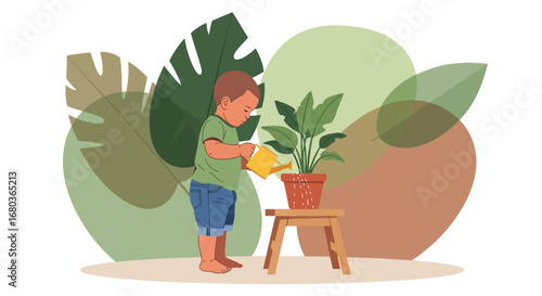 A Young Child Watering a Plant in a Pot, Cute Illustration, Garden and Nature Concept