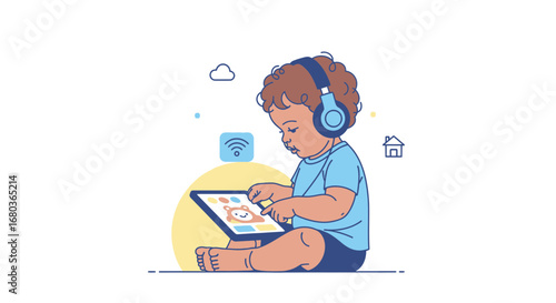 A young child using a tablet with headphones, wifi, and home icons illustrations