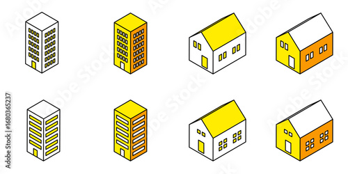 ビル　家　建物　アイソメトリック　セット　ベクター　イラスト