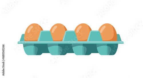 Cartoon illustration showcasing four fresh chicken eggs nestled within a teal carton viewed from the front angle, simple and visually appealing