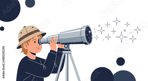 A Young Explorer Looking Through a Telescope Searching for Stars in the Night Sky
