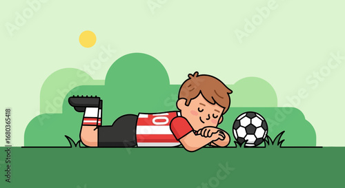 A Young Footballer Rests Peacefully Beside A Soccer Ball On A Sunny Day