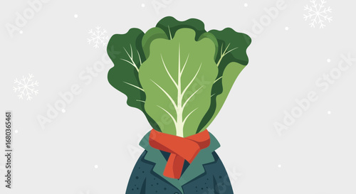 Vegetable-Headed Figure In Coat And Scarf Stands In Snowflakes During The Winter Season