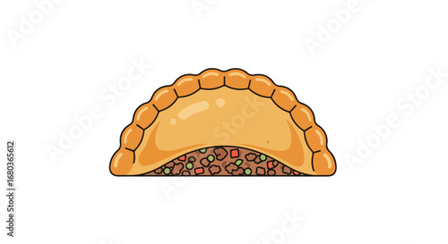Stylized graphic depiction of a delicious golden empanada filled with flavorful meat,isolated against a clean white background, perfect for food