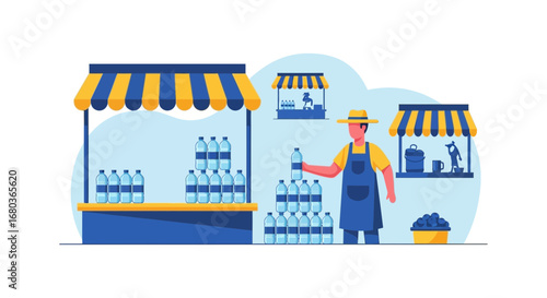 Vendor At Beverage Stall Selling Bottles Of Water With Colorful Decorations