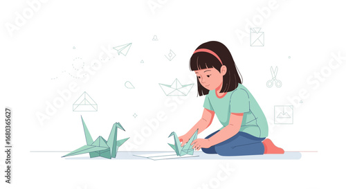 A Young Girl Folding Origami Figures While Enjoying Paper Crafting Activities