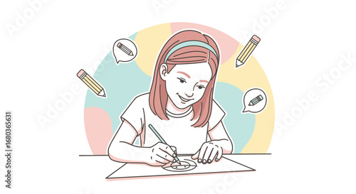 A young girl happily drawing, illustrating creative art, sketching an illustration project