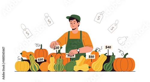 Vendor Displays Assortment Of Pumpkins And Squash For Sale At The Farmers Market.