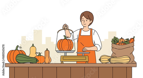 Vendor Weighing Pumpkin At Farmers Market With Autumnal Produce Displayed For Sale